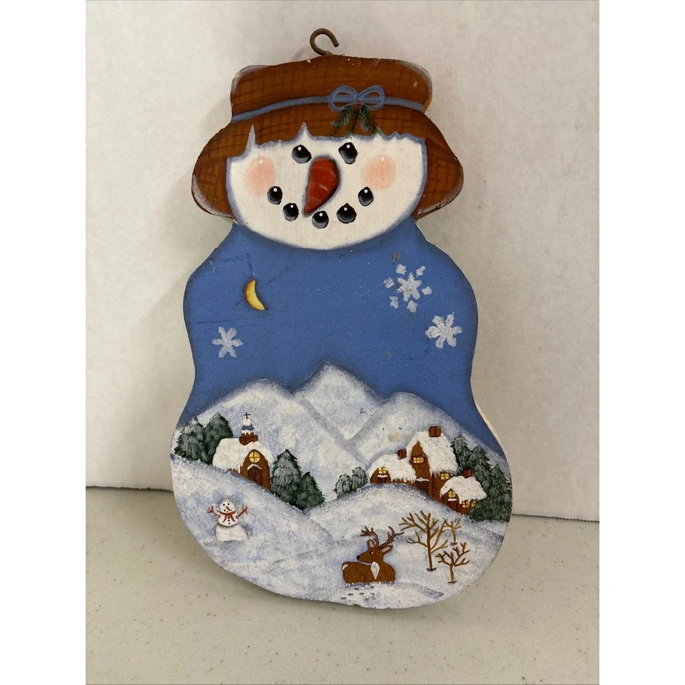 Hand‎ Painted Wood Snowman Winter Village Scene Wall Decor Plaque Hanging